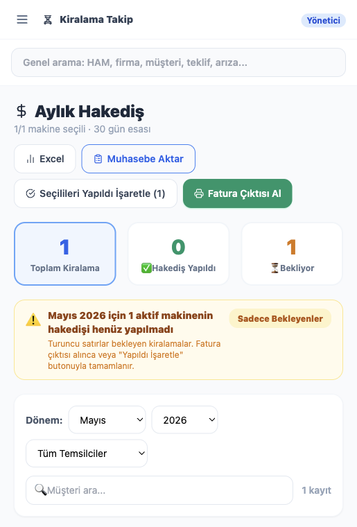 Kiralama Takip aylık hakediş ekran görüntüsü