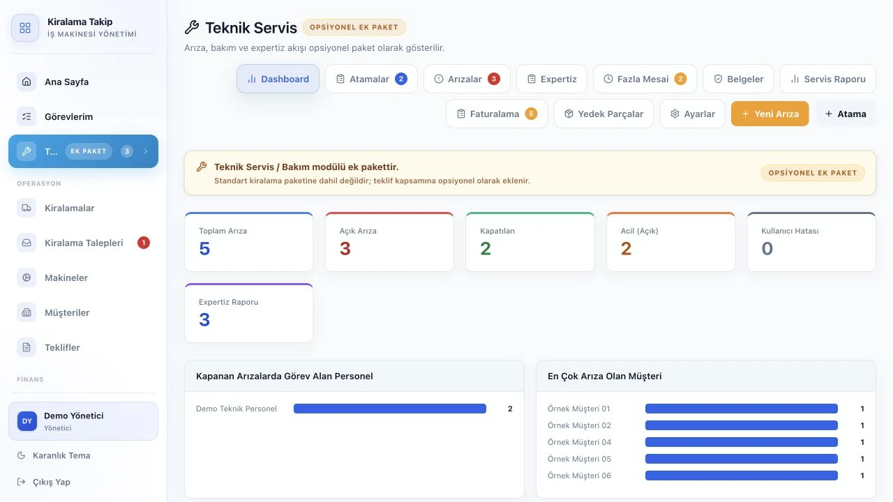 Teknik servis ve bakım gerçek uygulama ekranı