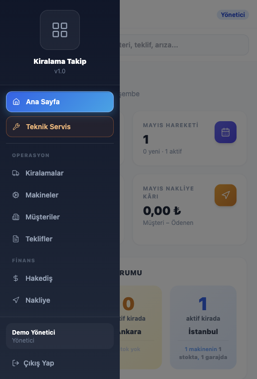 Kiralama Takip demo giriş ve yönetici menüsü ekran görüntüsü